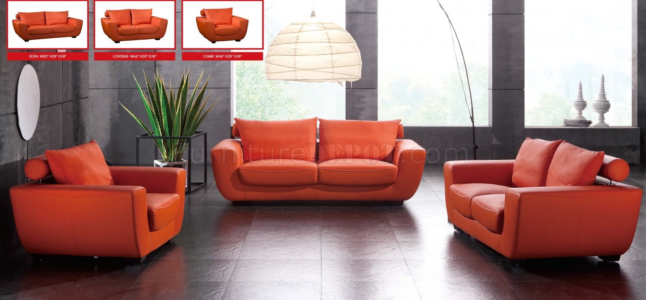 Orange Top Grain Leather Modern Sofa W, Top Grain Leather Sofa Loveseat