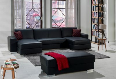 Kobe Black U-Shape Double Chaise Sectional Sofa in PU - Istikbal