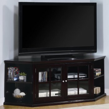 Espresso Finish Modern Corner TV Stand w/2 Glass Doors & Shelves [CRTV-700658]