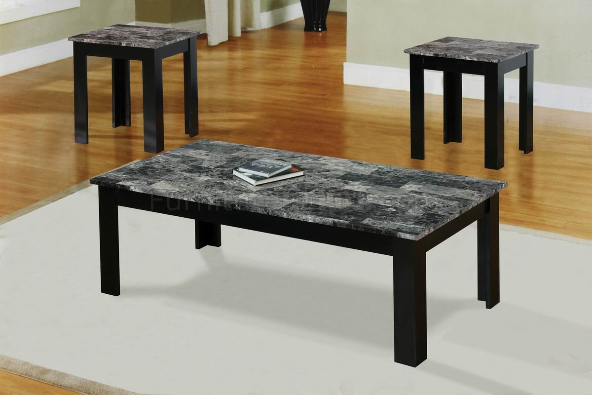 Black Faux Marble Top Modern 3Pc Coffee Table Set w/Wood Base - Click Image to Close