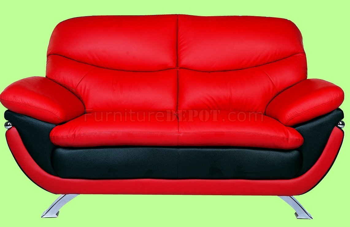 Black And Red Top Grain Leather Upholstery Sofa