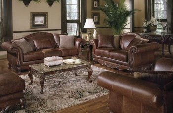 Cherry Brown Full Leather Royal Sofa & Loveseat Set w/Rolled Arm [HES-8299]