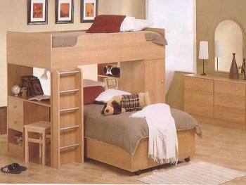 Natural Oak Finish Kids Contemporary Loft Bed with Study Desk [CRBS-400087-Mates]