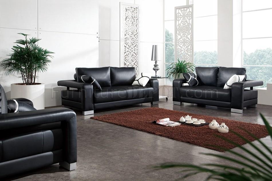 Black Leather Modern 3PC Living Room Set w/Pillows