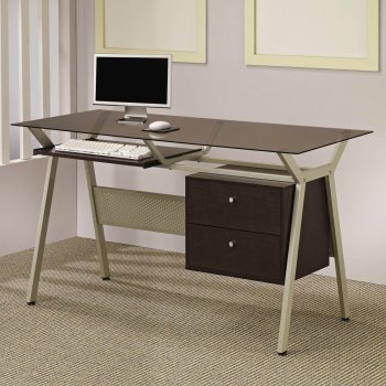 Metal Base & Smoked Glass Modern Home Office Desk w/Two Drawers [CROD-800437]
