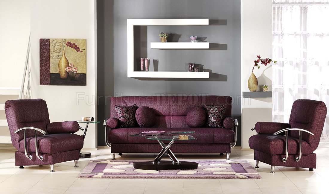 Stylish Living Room with Storage Sleeper Sofa in Burgundy Fabric - Click Image to Close