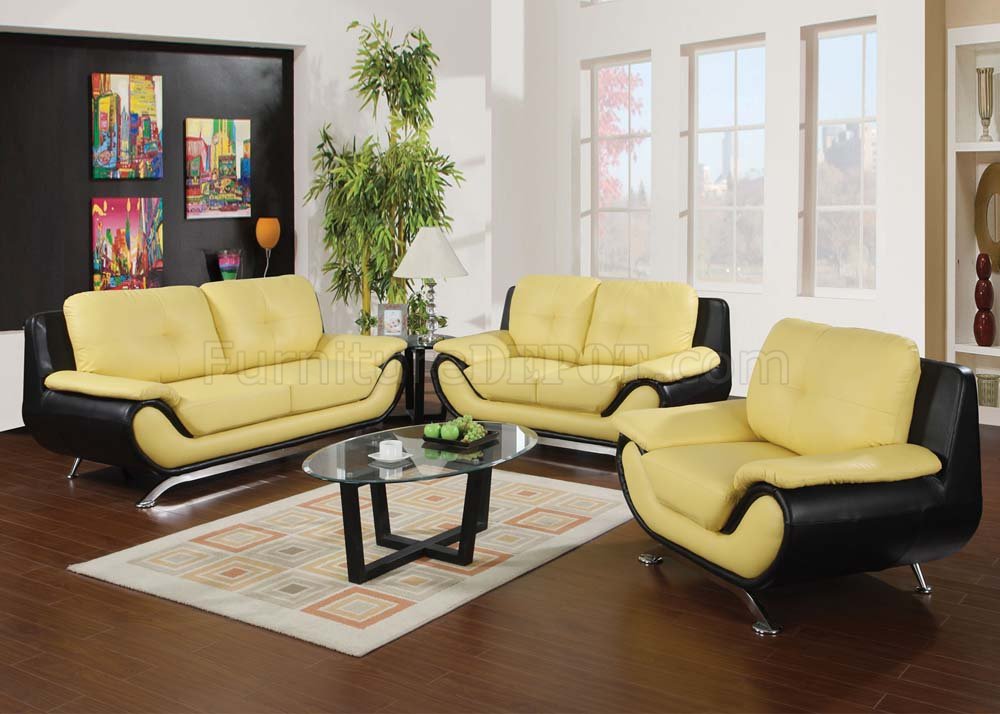 Yellow Black Bonded Leather By Acme, Yellow Leather Living Room Furniture