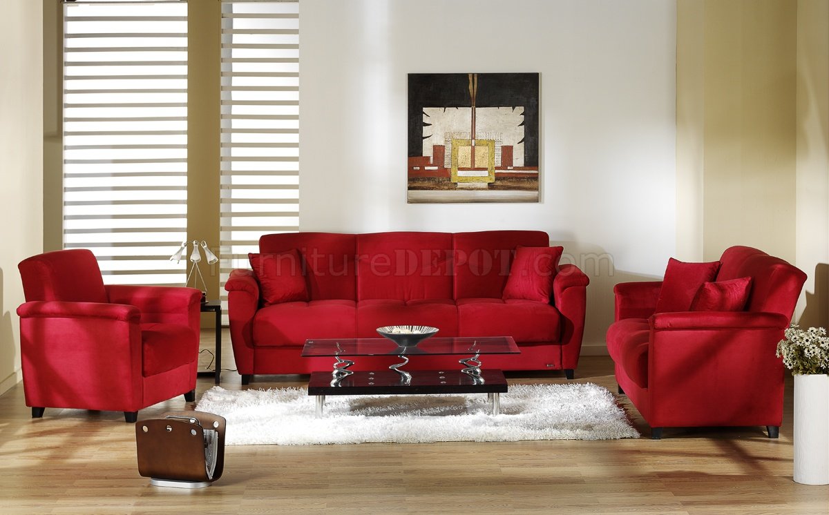 Red Microfiber Fabric Living Room Storage Sleeper Sofa - Click Image to Close