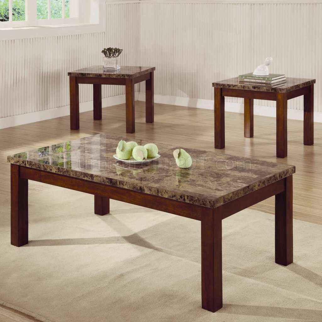 Marble-Like Top & Dark Oak Finish Modern 3Pc Coffee Table Set - Click Image to Close