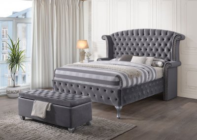 Rebekah Upholstered Bed 25820 in Gray Fabric by Acme w/Options
