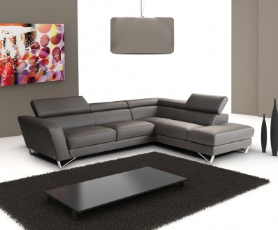 Dark Grey Full Leather Modern Sectional Sofa w/Steel Legs