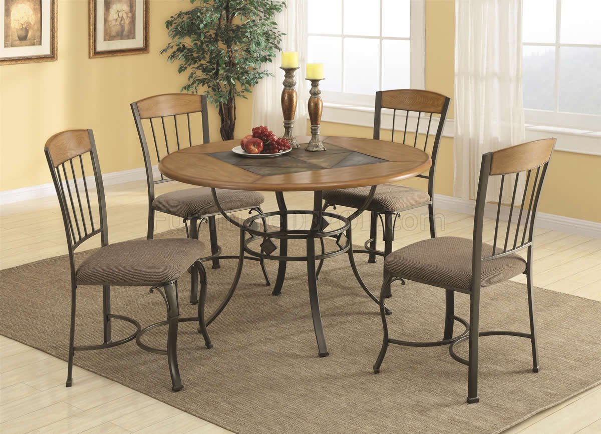 Medium Oak & Bronze Color Metal Base Classic 5Pc Dining Set - Click Image to Close