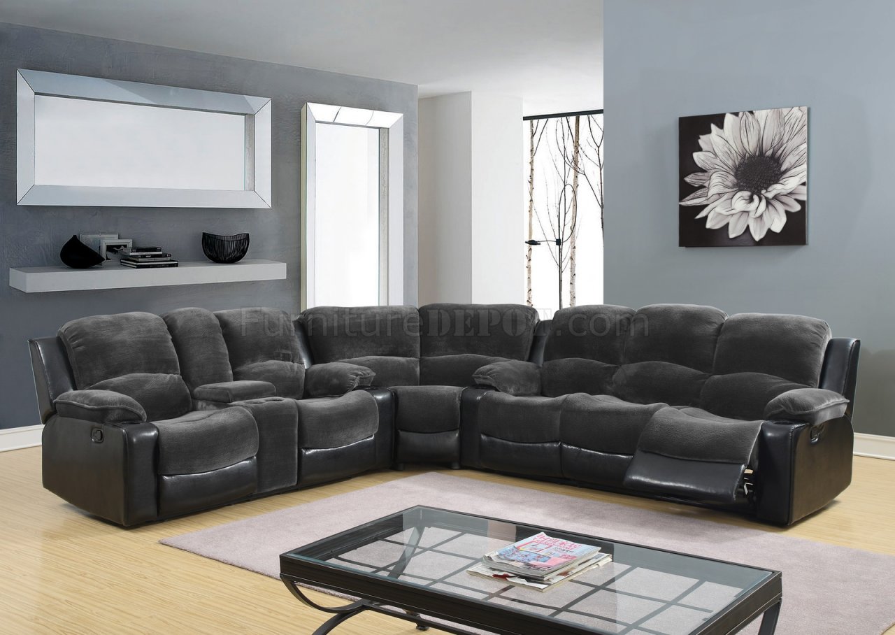 1301 Motion Sectional Sofa in Grey & Black by Global - Click Image to Close