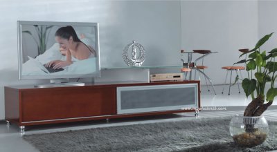 Cherry Finish Contemporary TV Stand With Sliding Doors
