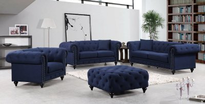 Chesterfield Sofa 662 in Navy Linen Fabric w/Optional Items