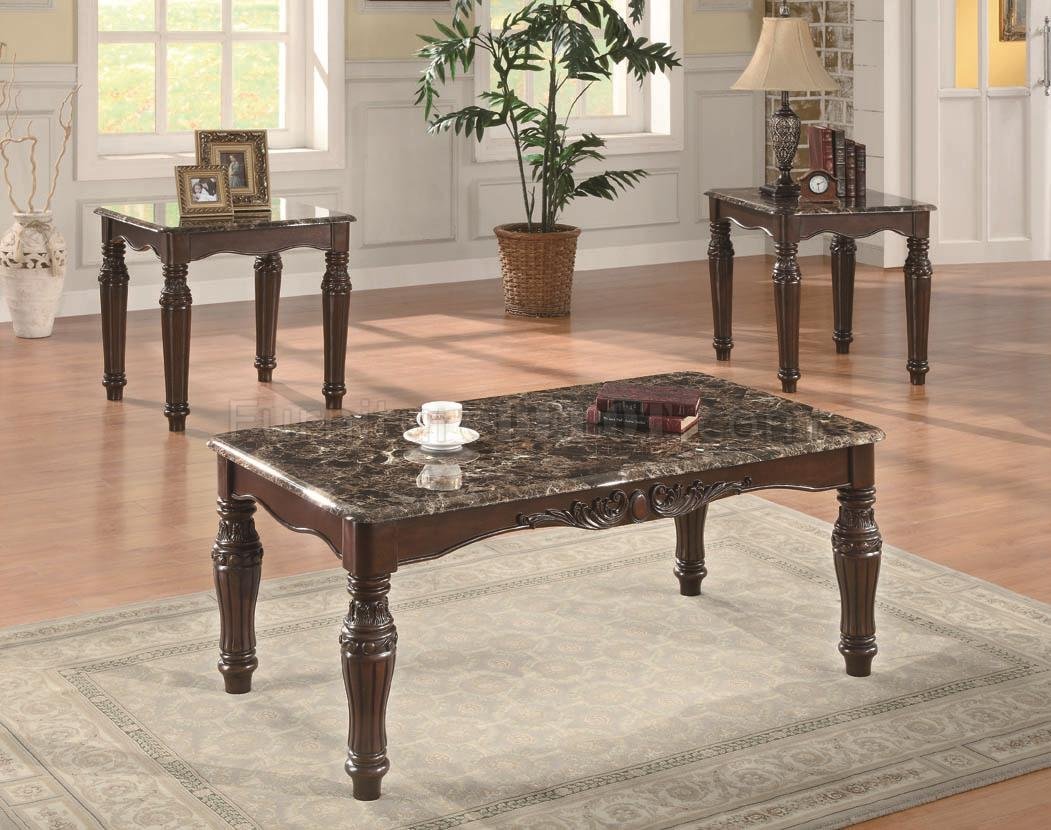 Cherry Finish Classic 3Pc Coffee Table Set w/Faux Marble Tops - Click Image to Close