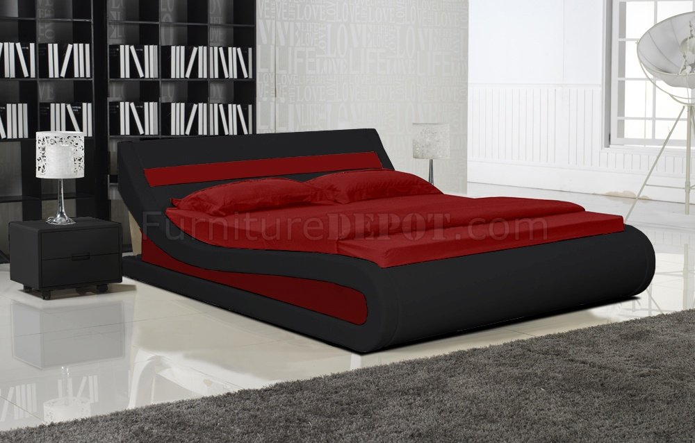 Black Leatherette Modern Bed w/Red Accents - Click Image to Close