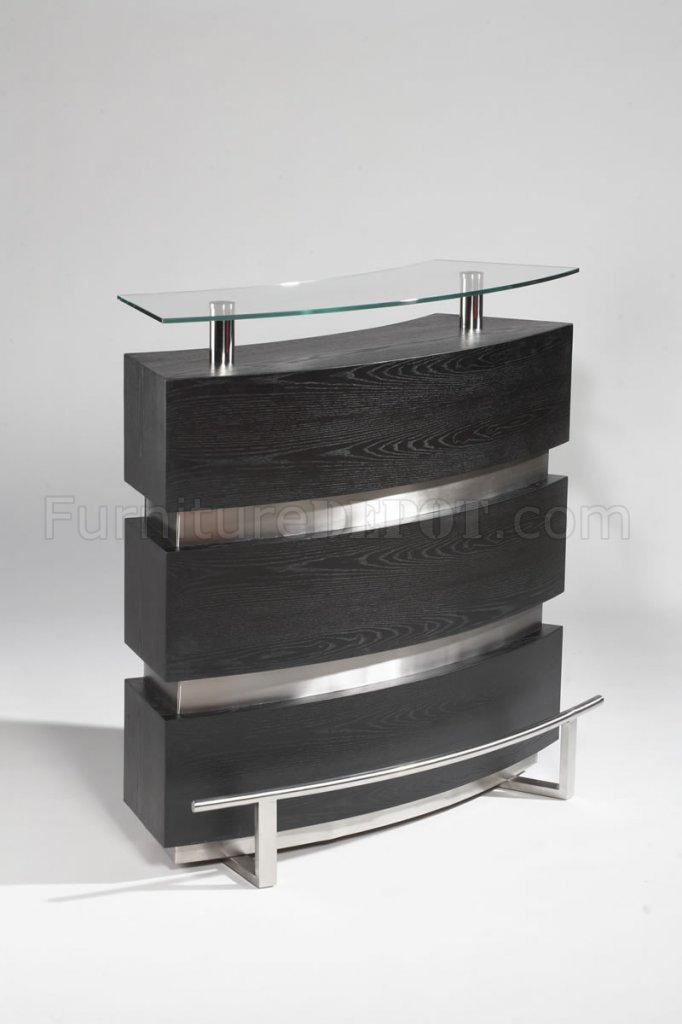 Gloss Black & Silver Tone Modern Bar Unit w/Glass Top - Click Image to Close