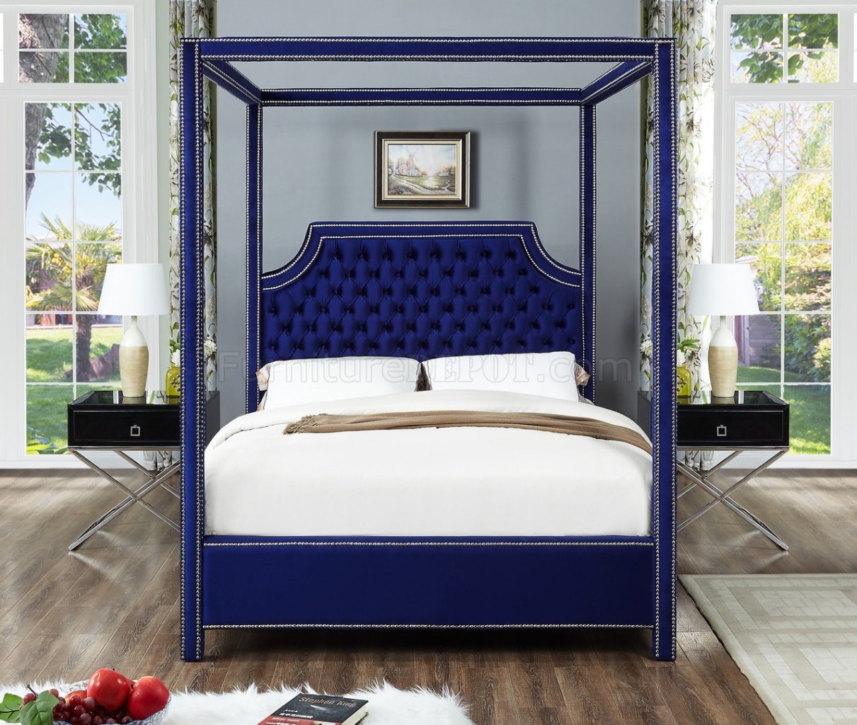 Rowan Upholstered Bed in Navy Velvet Fabric by Meridian w
