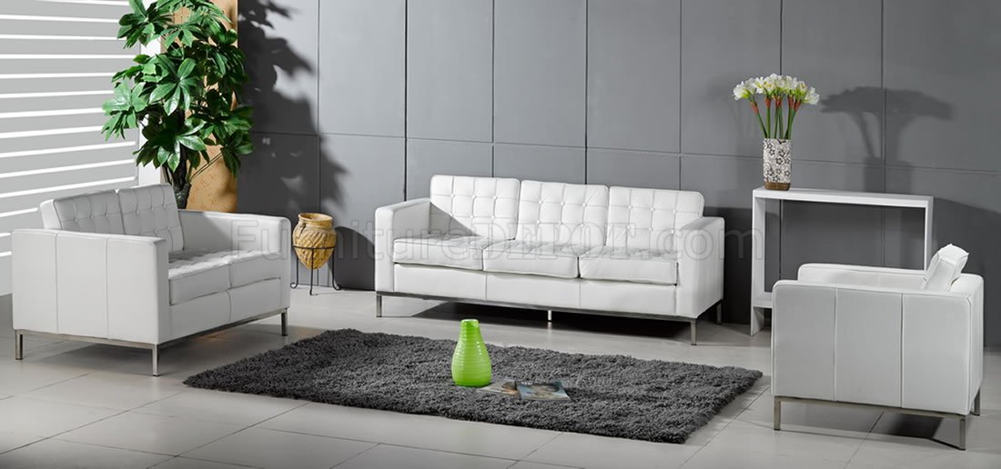 White On Tufted Full Leather Sofa, Leather Sofa Chair And Ottoman Set