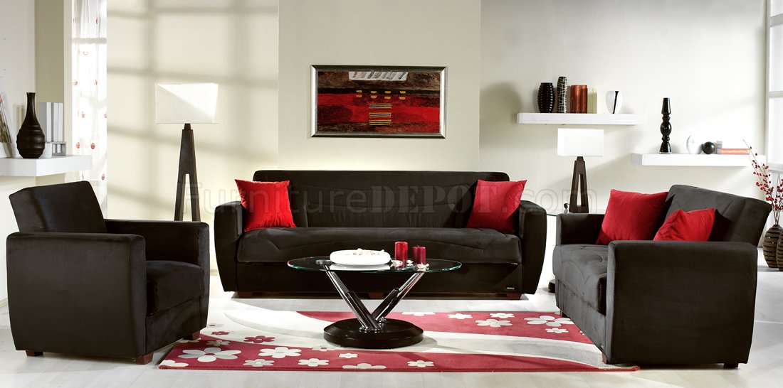 Elegant Black Microfiber Living Room with Storage Sleeper Sofa - Click Image to Close