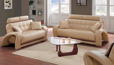 Honey Tufted Leather Living Room Set with Brown Leather Accents