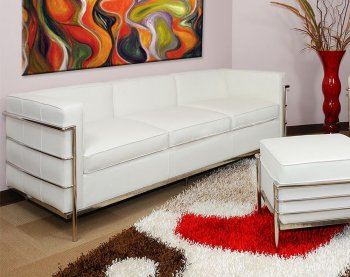 White Leather Le Corbusier Style Sofa w/Two Free Ottomans [KCS-M41-White]