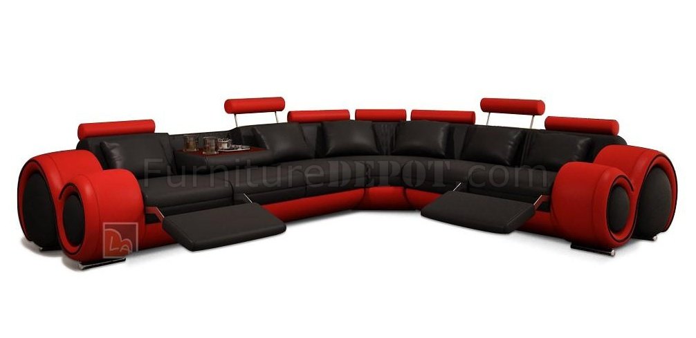 4087 Sectional Sofa In Black Red, Modern Bonded Leather Sectional Sofa