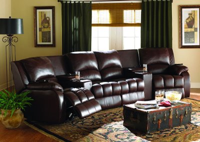 Brown Leatherette Home Theater Sectional W/Motorized Recliners