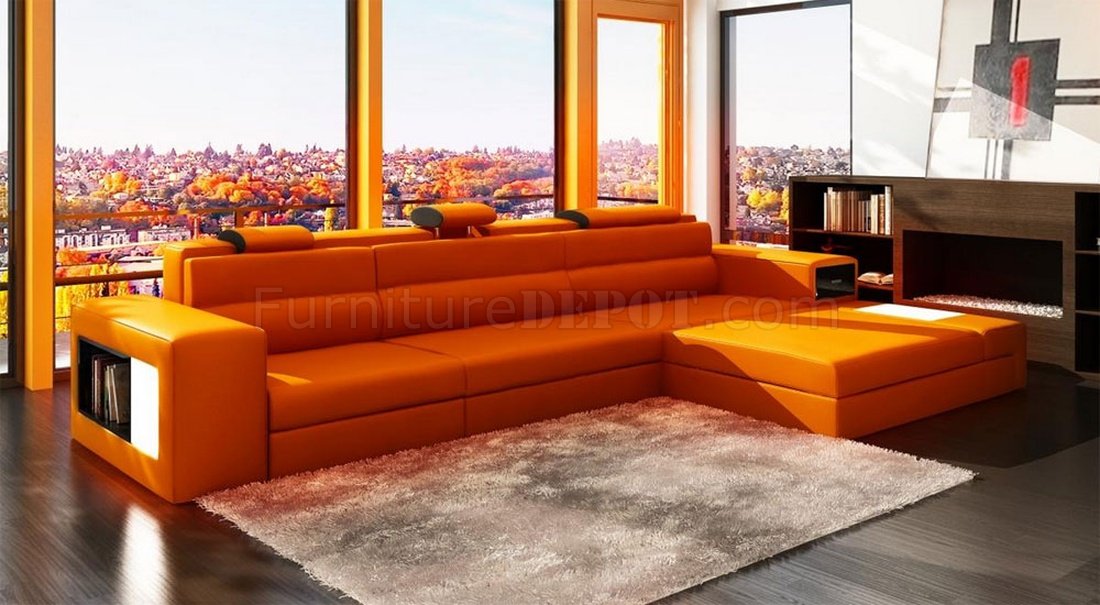 Polaris Mini Sectional Sofa In Orange, Orange Leather Sectional Couch