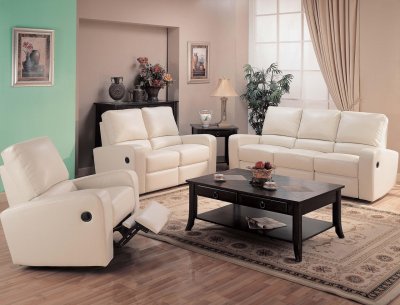 Cream Bonded Leather Modern Reclining Living Room Sofa w/Options