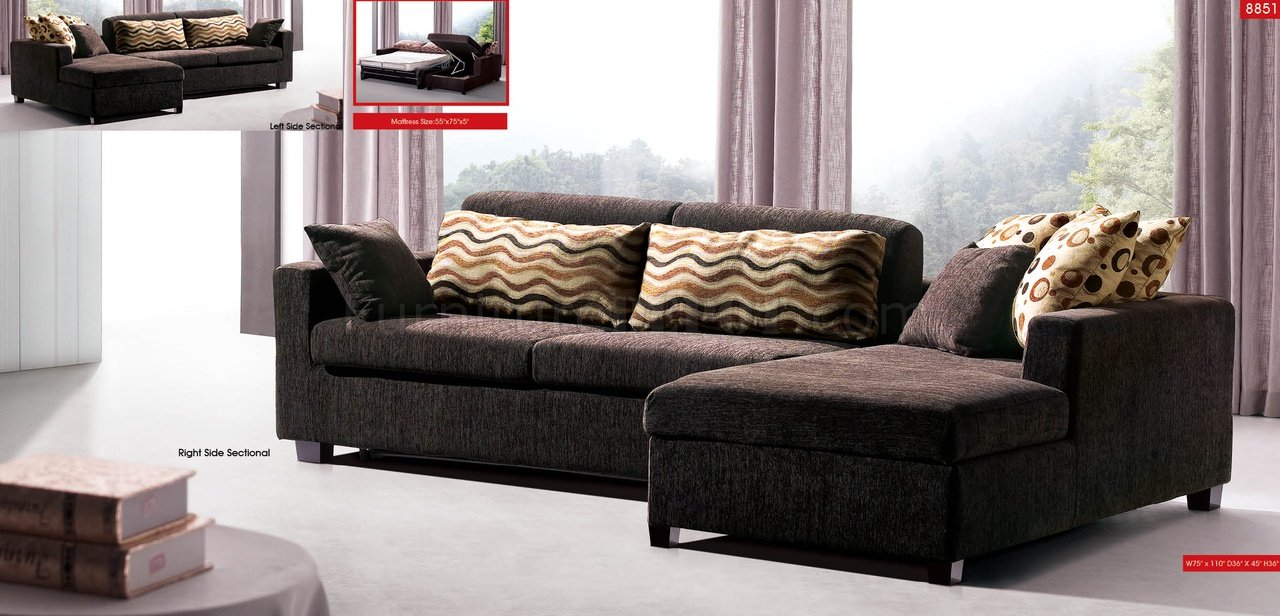 Brown Fabric Modern Sectional Sofa w/Sleeper & Storage Chaise - Click Image to Close