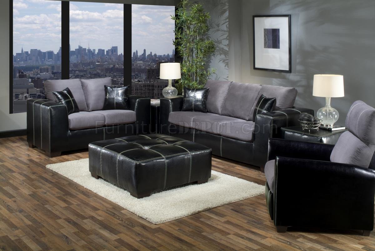 Grey Fabric & Black Vinyl Modern Sofa and Loveseat Set w/Options - Click Image to Close