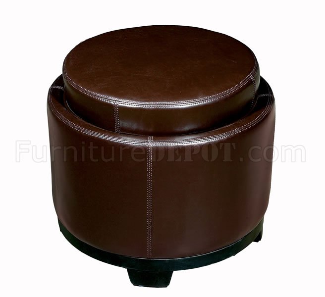 Light Brown Round Shape Tray Top, Leather Storage Ottoman With Tray Top