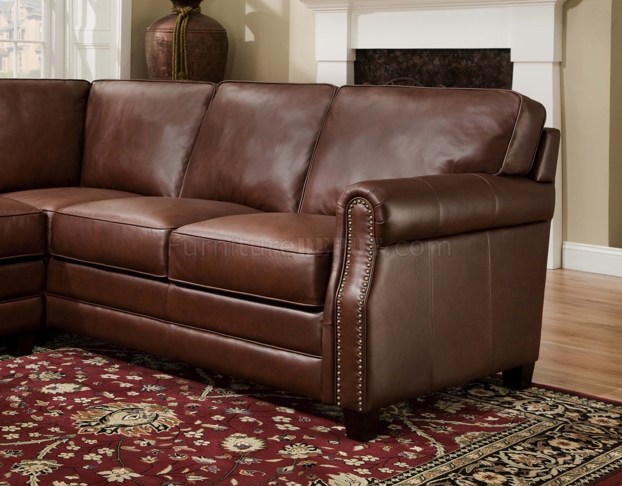 Cocoa Brown Top Grain Italian Leather, Traditional Leather Sectional