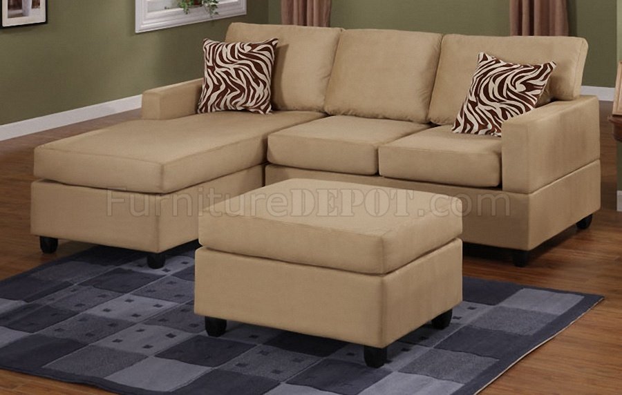 Hazelnut Plush Microfiber Casual Small, Small Sectional Sofa With Chaise And Ottoman