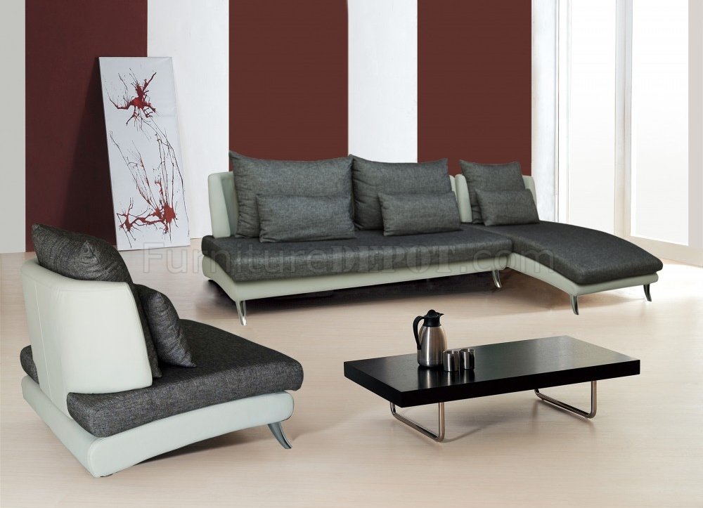 Grey Fabric & White Leatherette Sofa, Сhaise w/Options - Click Image to Close