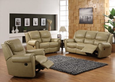 Cream Bonded Leather Transitional Reclining Sofa w/Options
