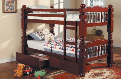 Cherry Finish Kid's Bunk Bed With Drawers