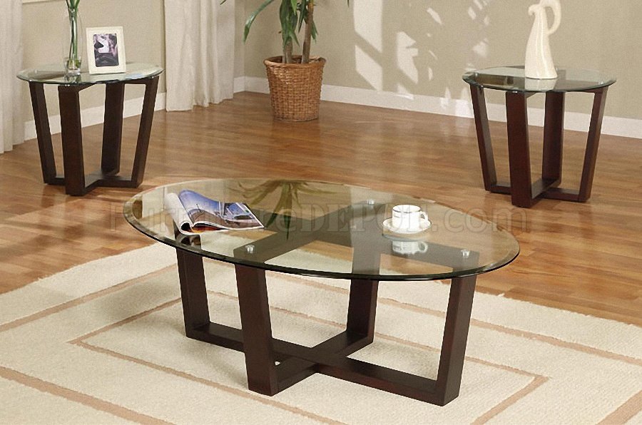 Cherry Brown Modern Artistic 3pc Coffee, Wood Glass Coffee Table Sets