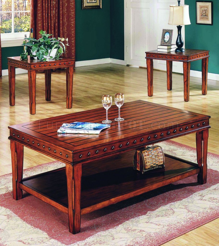 Pine Solid Wood Stylish 3pc Coffee Table Set W Nail Head Accents