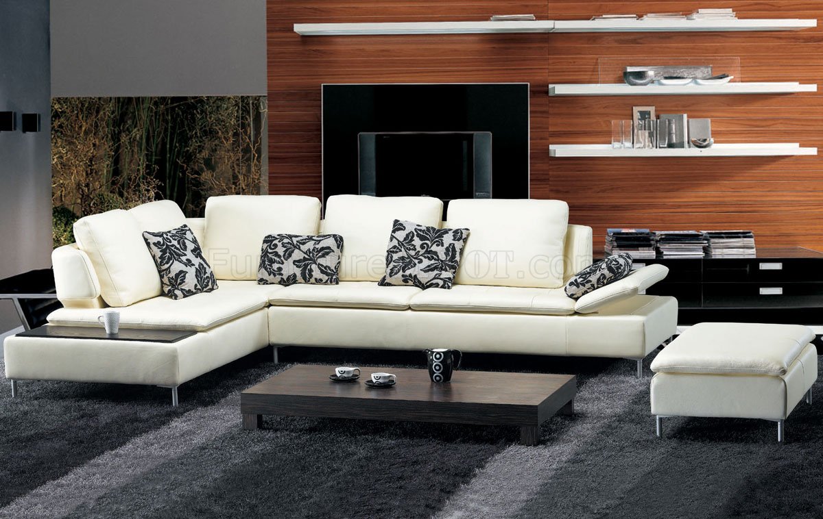 Beige Leather Modern Sectional Sofa w/Matching Ottoman