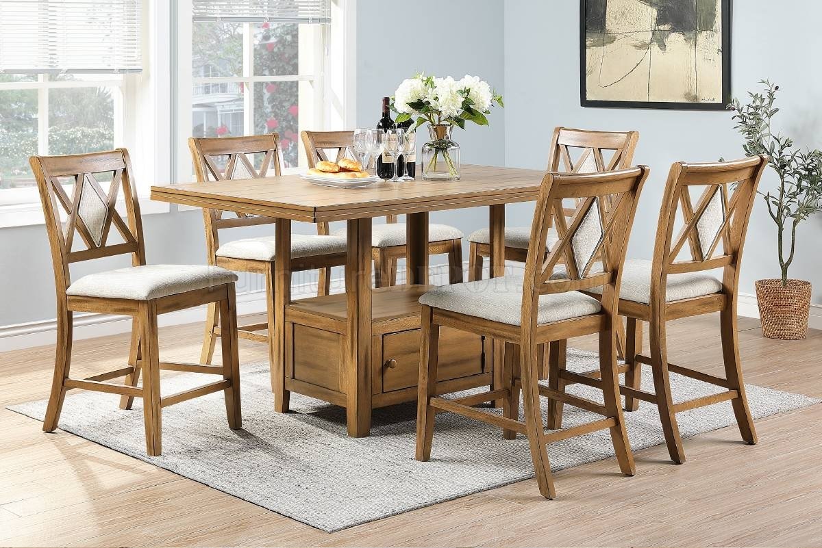 F2493 Counter Ht 7Pc Dining Set in Light Brown Oak by Poundex