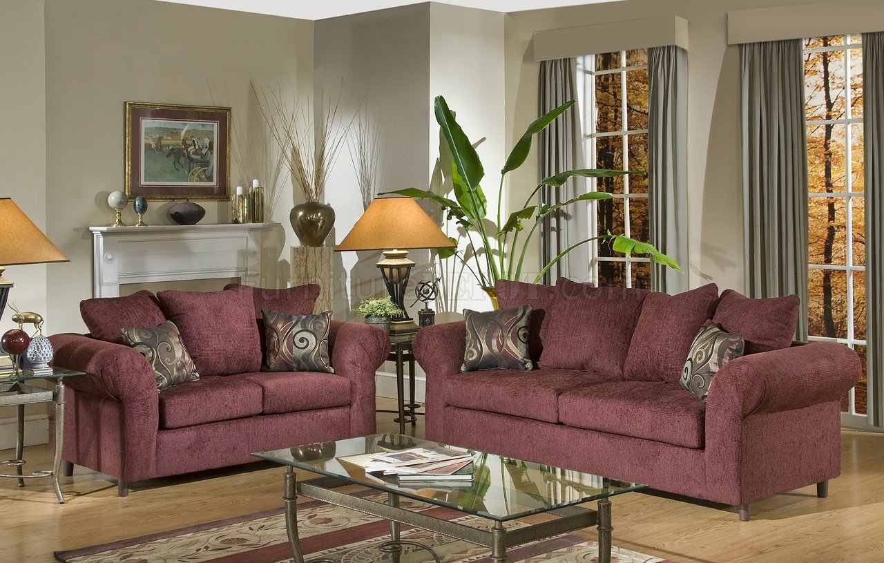 Burgundy Fabric Traditional Sofa & Loveseat Set - Click Image to Close