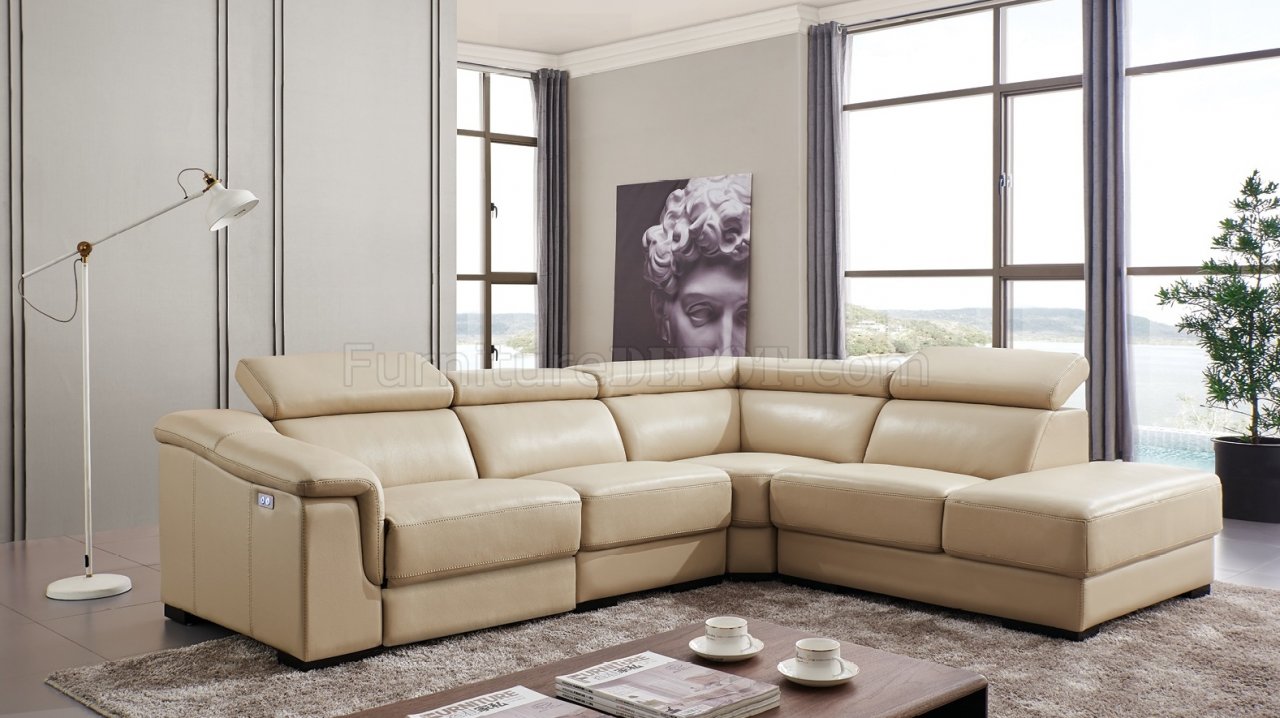 760 Sectional Sofa in Beige Leather by ESF w/Power Recliner - Click Image to Close