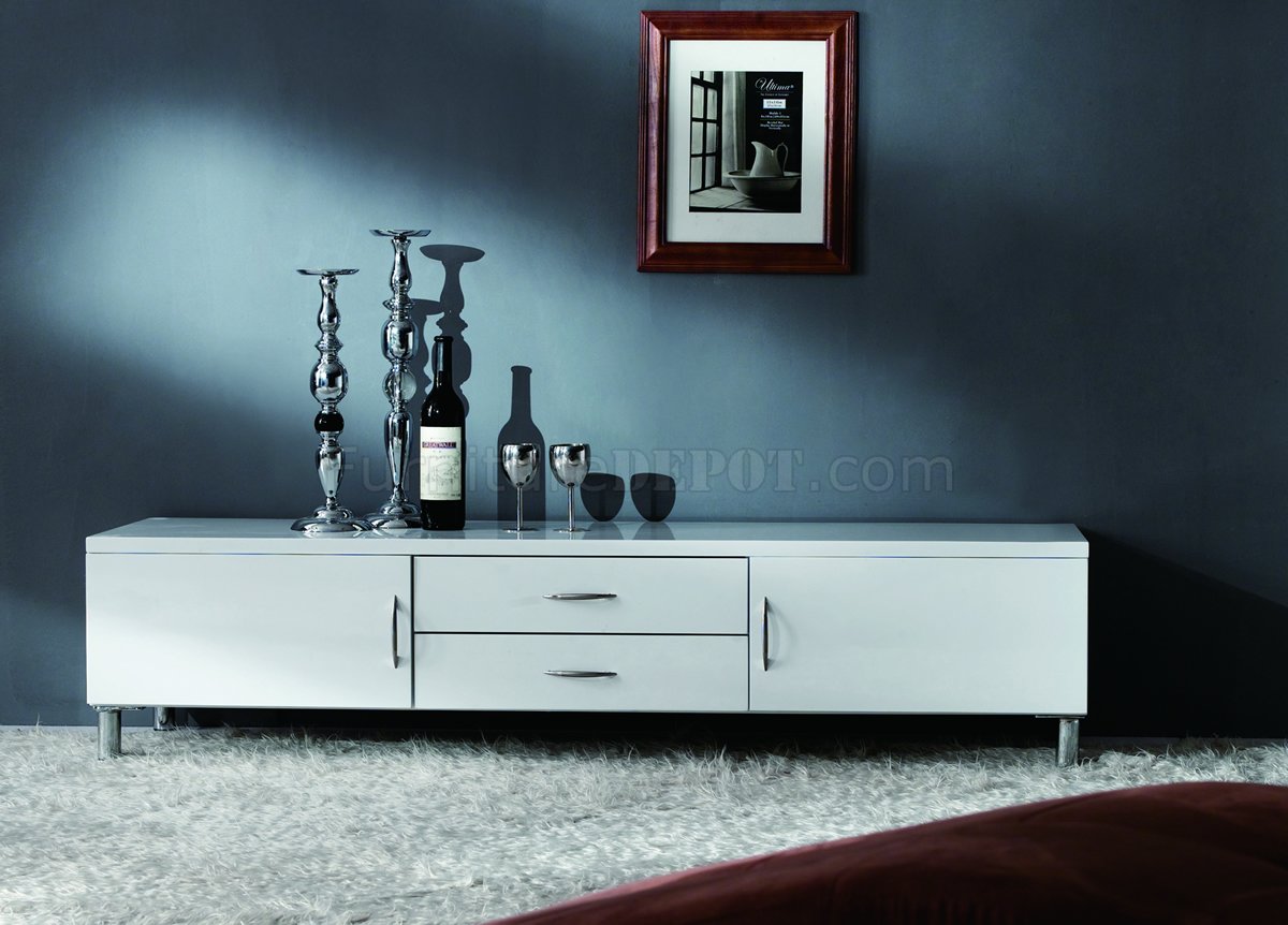 White Finish Modern TV Stand w/2 Doors & 2 Drawers - Click Image to Close