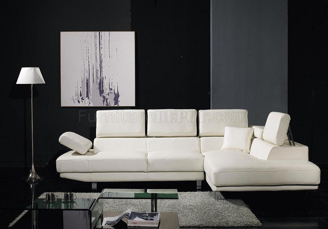 T60 White Leather Sectional Sofa w/Adjustable Headrests & Arm