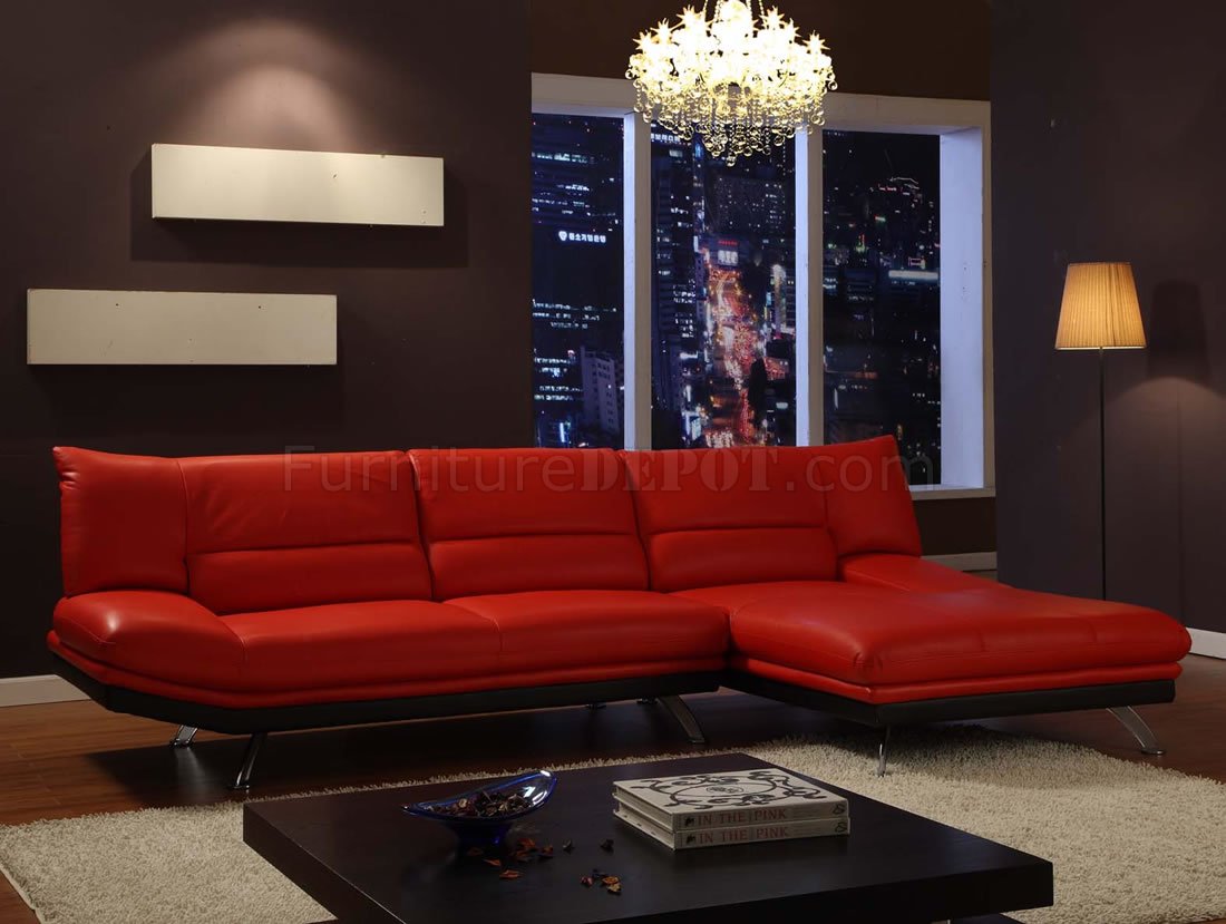 Red or Mocha Leather Sectional Sofa with Metal Legs
