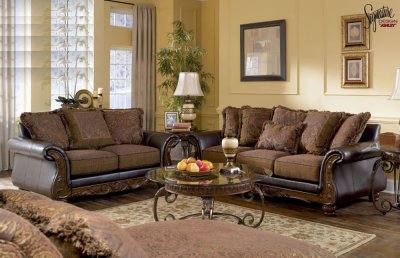 Walnut Fabric and Faux Leather Sofa & Loveseat Set by Ashley