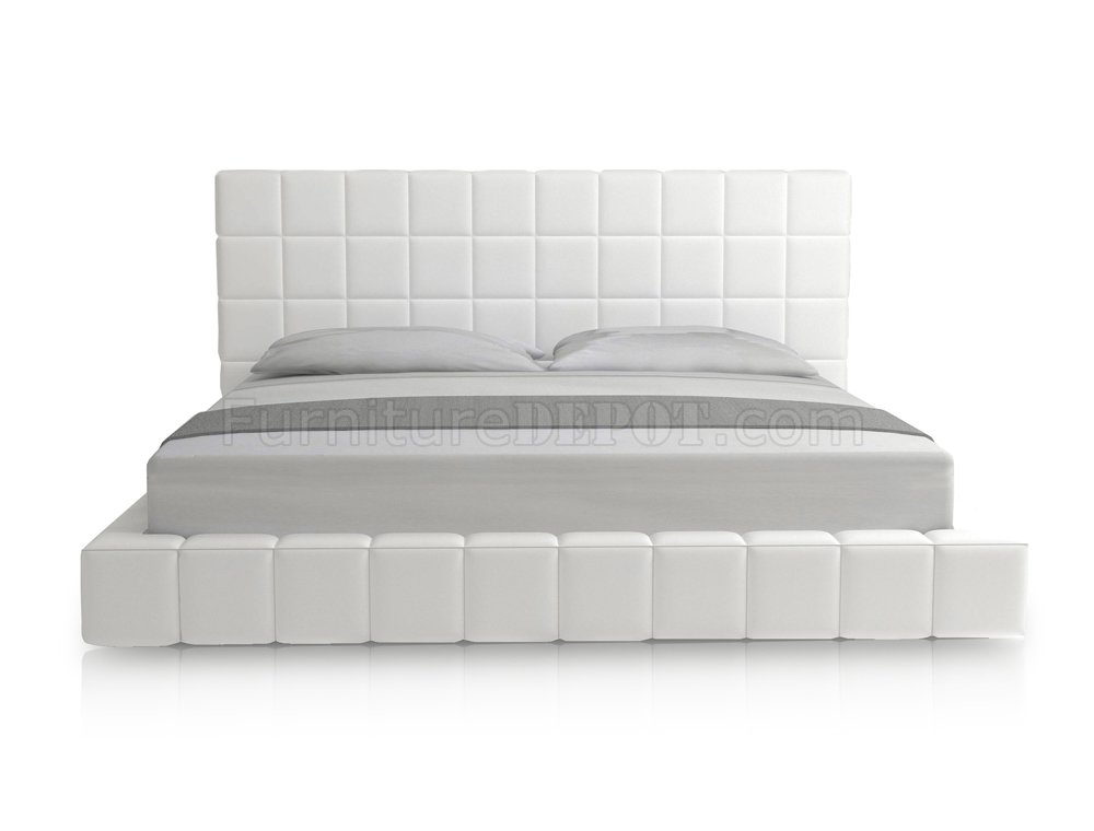 White Bonded Leather Modern Bed w/Oversized Headboard - Click Image to Close